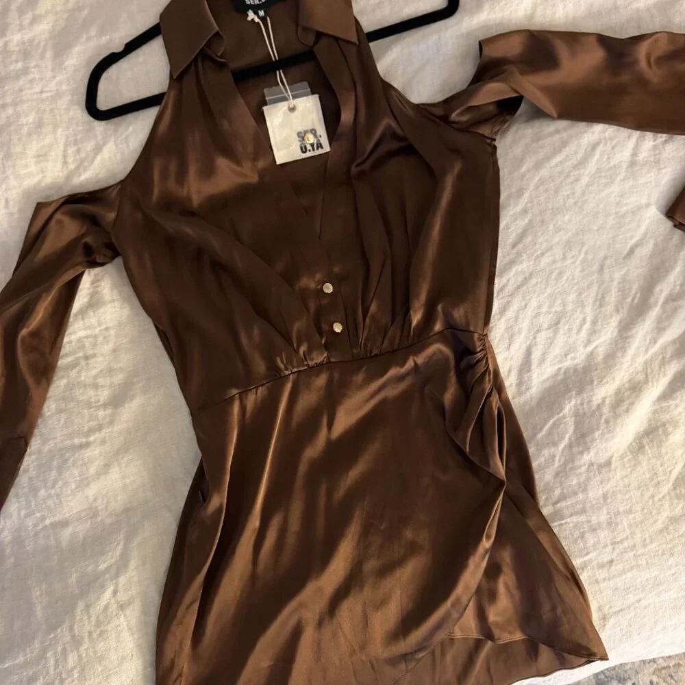 NWT SER.O.YA Shea Silk Dress Chocolate Medium - Picture 5 of 6